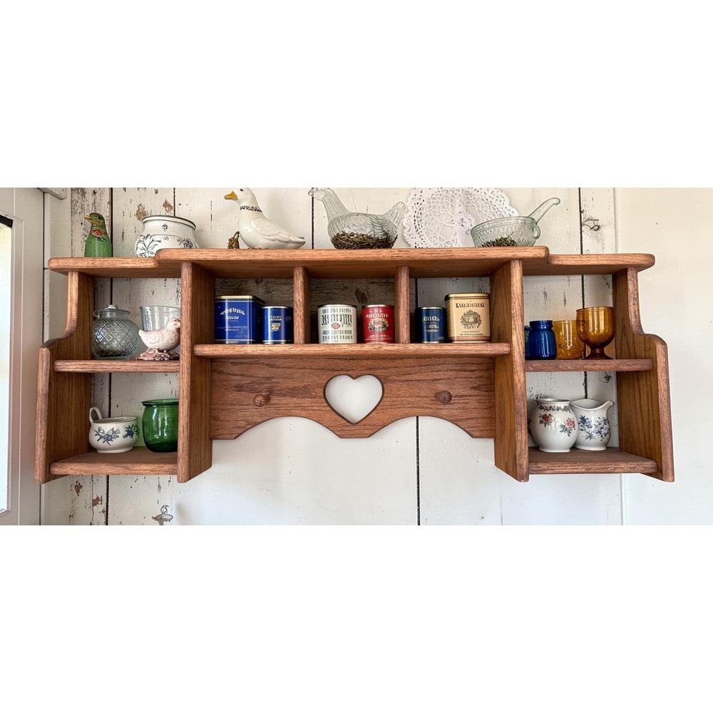 Vintage Solid Oak Wall Shelf – Farmhouse Cottage Display with Heart Cutout